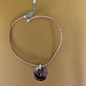 Braided Leather Necklace with Silver Triple Circle Pendant from the 90’s